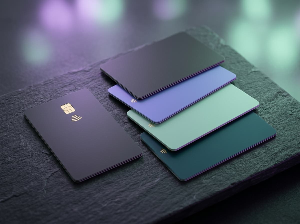 Carte de paiement et smartphone posés sur un bureau sombre