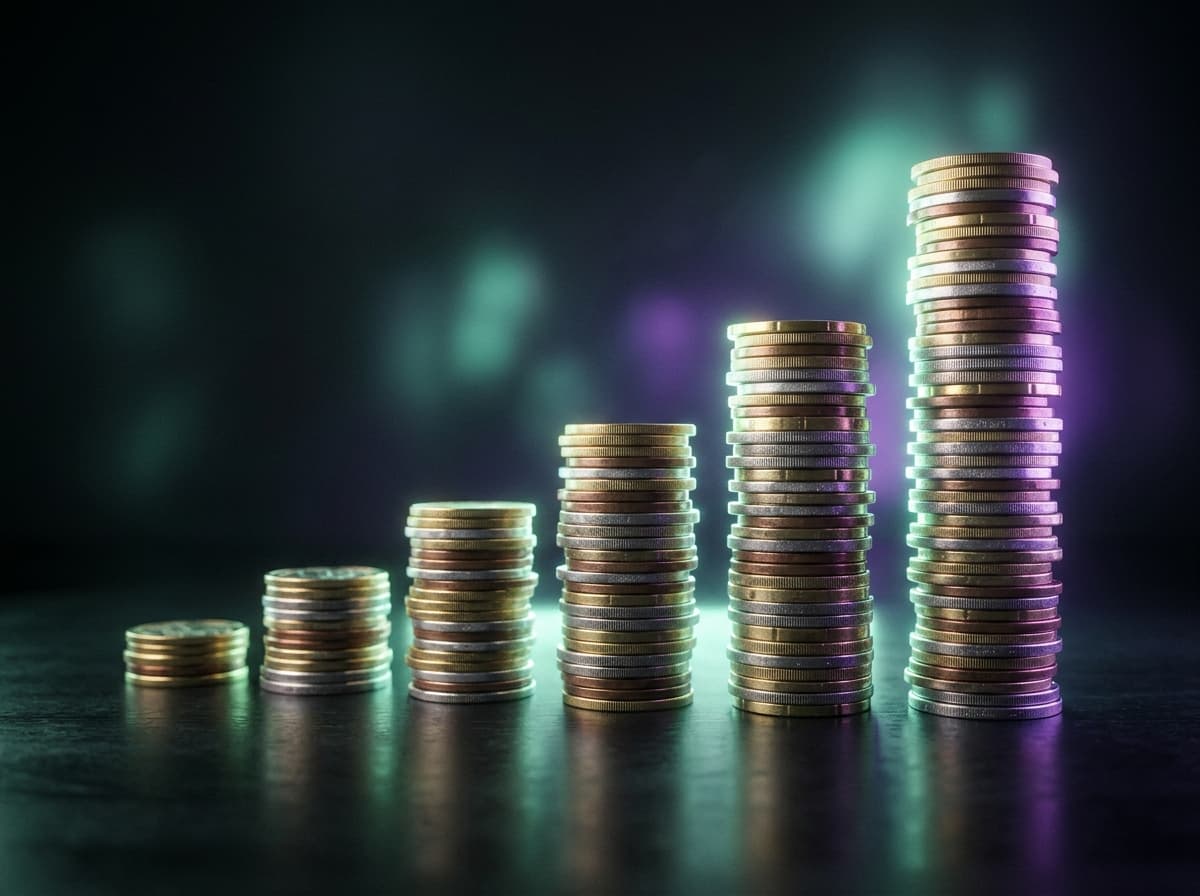 Pièces de monnaie empilées et graphique de croissance de l'épargne sur fond sombre