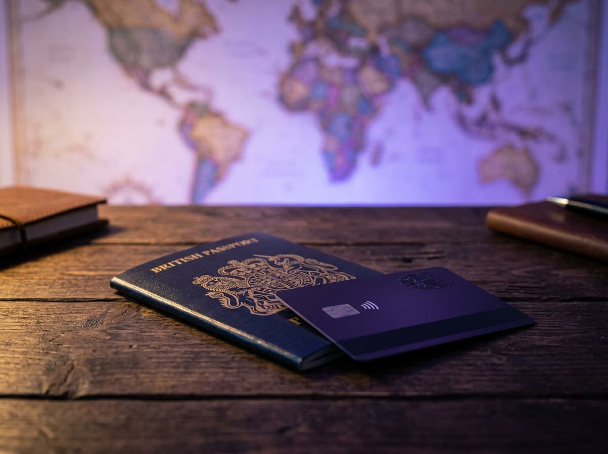 Smartphone affichant une application de change à côté d'une carte de paiement, sur fond sombre